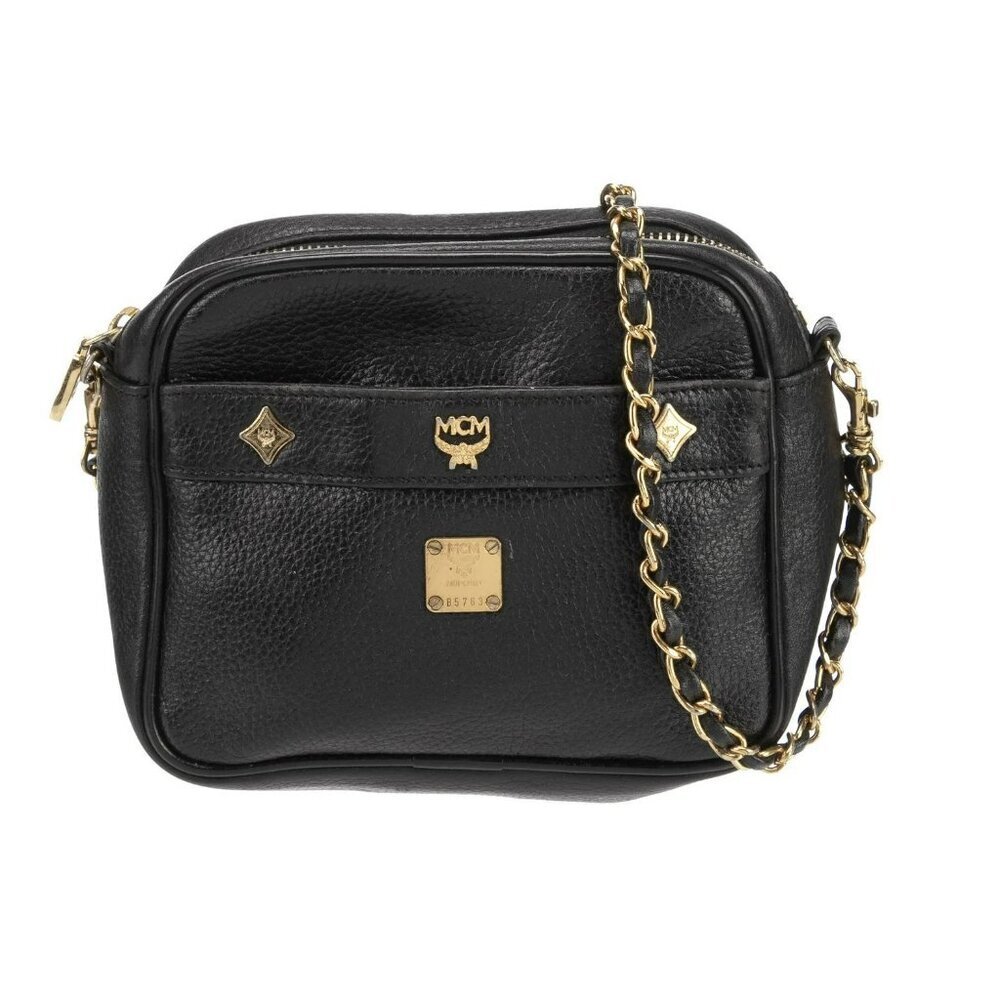 MCM Crossbody Bag Black Leather Gold Chainlink Purse